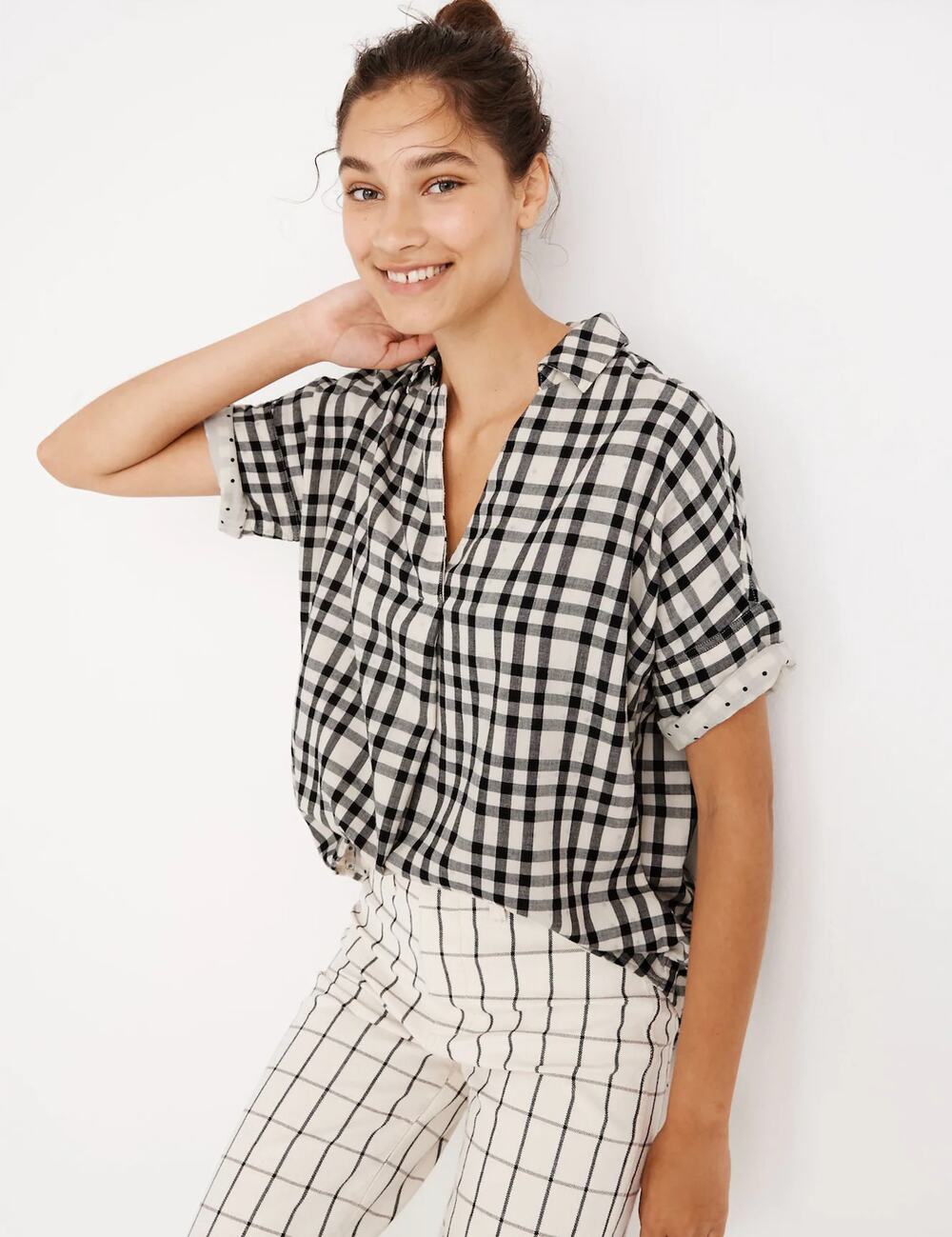 Madewell Womens XS Black White Courier Button Back Double Faced Plaid Shirt